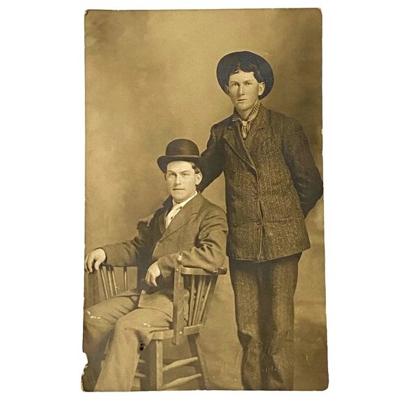 Young Men Dressed in Suits Real Photo RPPC 1908 FD Main Creston Iowa Midwest USA - Picture 1 of 2